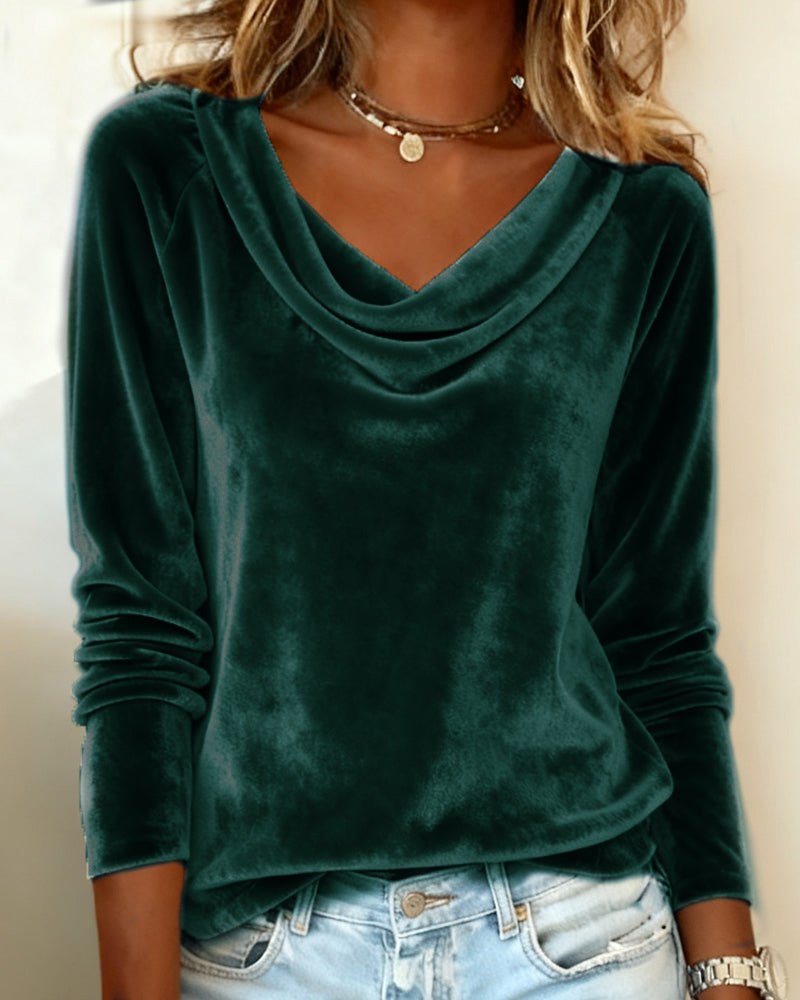 Top de Mujer de Terciopelo con Cuello Cowl de Manga Larga Casual Elegante para el Trabajo, Fiesta, Vacaciones y Ocasiones Festivas – Veloria