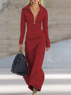 Vestido Largo Deportivo de Cuello en V con Cremallera para Mujer, Manga Larga, Ajustado, Casual, Formal, Fiesta, Vaquera, Elegante