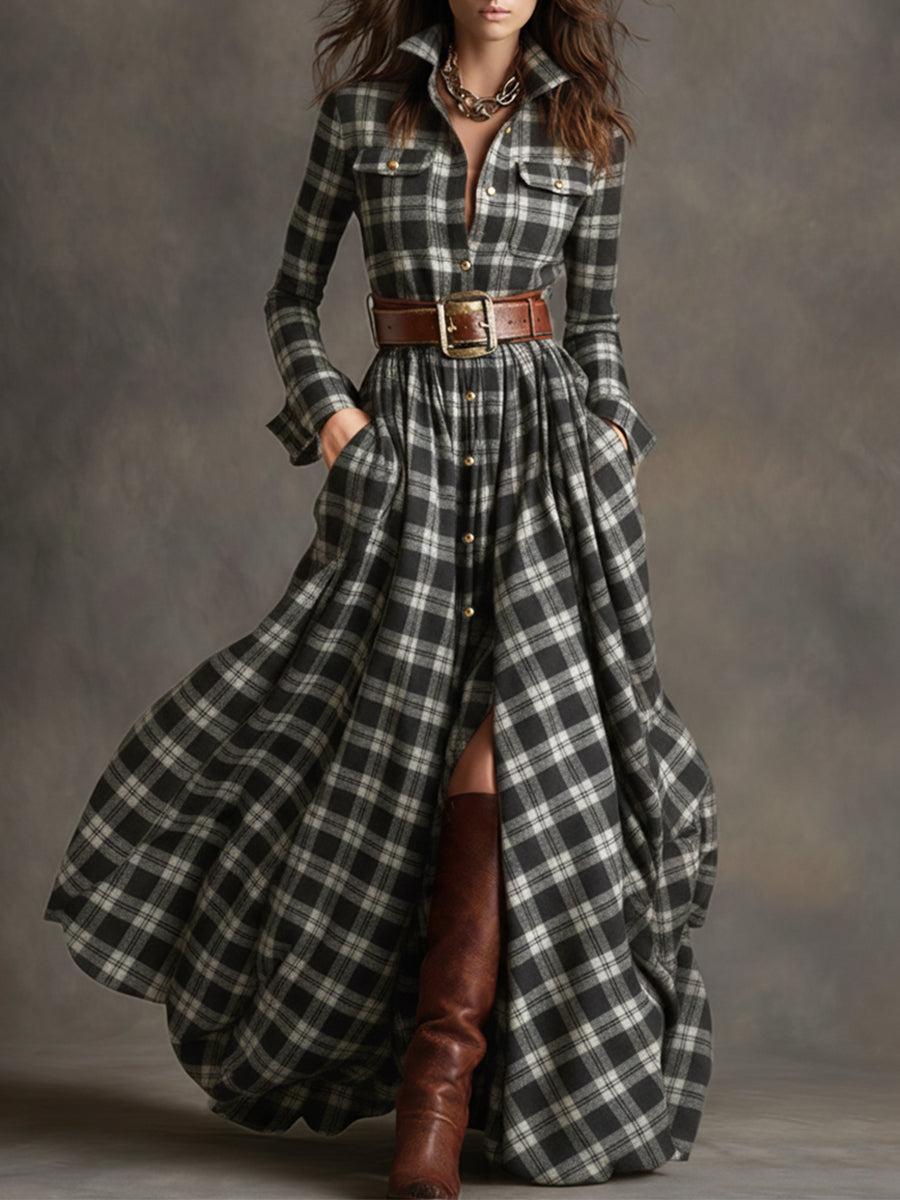 Vestido Largo de Vaquera Étnica Retro para Mujer con Cuello, Cinturón y Mangas Largas – Marrón Rojizo