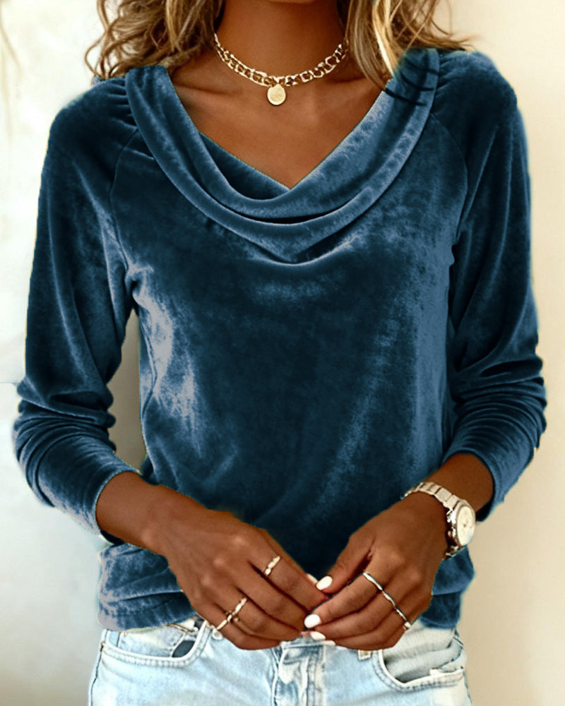 Top de Mujer de Terciopelo con Cuello Cowl de Manga Larga Casual Elegante para el Trabajo, Fiesta, Vacaciones y Ocasiones Festivas – Veloria