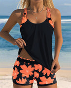 Conjunto de Tankini Sin Mangas con Escote en U para Mujeres, Pantalones Cortos de Boxer Florales, Playa, Piscina, Vacaciones, Resort, Verano Activo – Paradiso