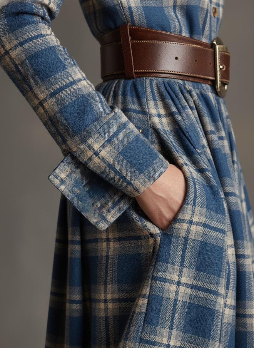 Vestido Largo de Vaquera Étnica Retro para Mujer con Cuello, Cinturón y Mangas Largas – Marrón Rojizo