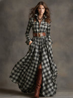 Vestido Largo de Vaquera Étnica Retro para Mujer con Cuello, Cinturón y Mangas Largas – Marrón Rojizo