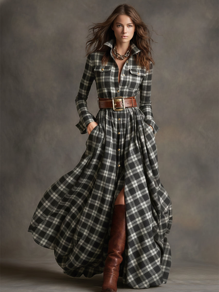 Vestido Largo de Vaquera Étnica Retro para Mujer con Cuello, Cinturón y Mangas Largas – Marrón Rojizo