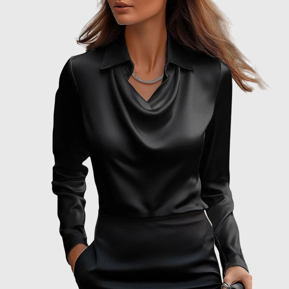 Blusa de Satén Elegante para Mujeres con Cuello de Cowl y Manga Larga, Brillo Lujoso, Ajuste Fluido, Casual Chic – Brooklyn
