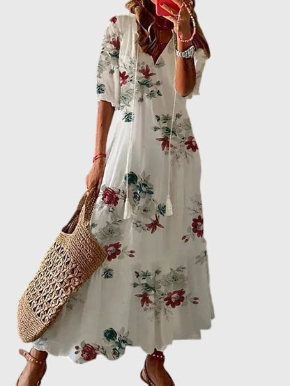 Vestido Midi de Verano Boho Vintage para Mujeres con Estampado Floral y Manga Corta Casual Femenino Chic – Amalia