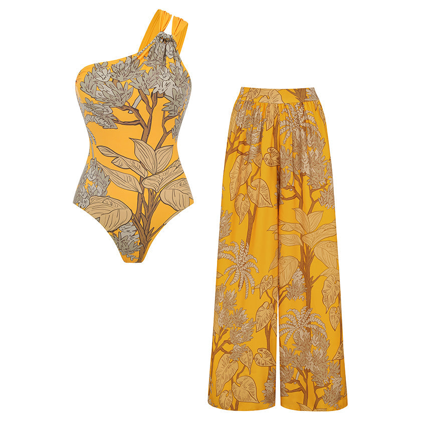 Conjunto de Traje de Baño de Una Sola Manga con Estampado Floral y Falda Larga para Vacaciones en la Playa, Fiesta en la Piscina, Resort Tropical Verano – Amarillo
