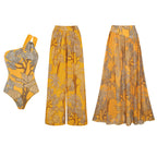 Conjunto de Traje de Baño de Una Sola Manga con Estampado Floral y Falda Larga para Vacaciones en la Playa, Fiesta en la Piscina, Resort Tropical Verano – Amarillo