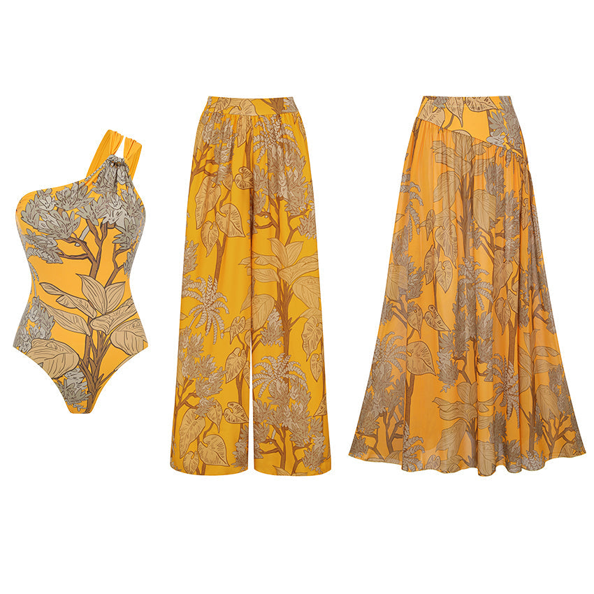 Conjunto de Traje de Baño de Una Sola Manga con Estampado Floral y Falda Larga para Vacaciones en la Playa, Fiesta en la Piscina, Resort Tropical Verano – Amarillo