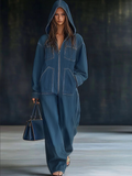 Mono de mezclilla retro casual suelto con capucha y cremallera para mujer – Azul