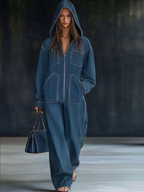 Mono de mezclilla retro casual suelto con capucha y cremallera para mujer – Azul