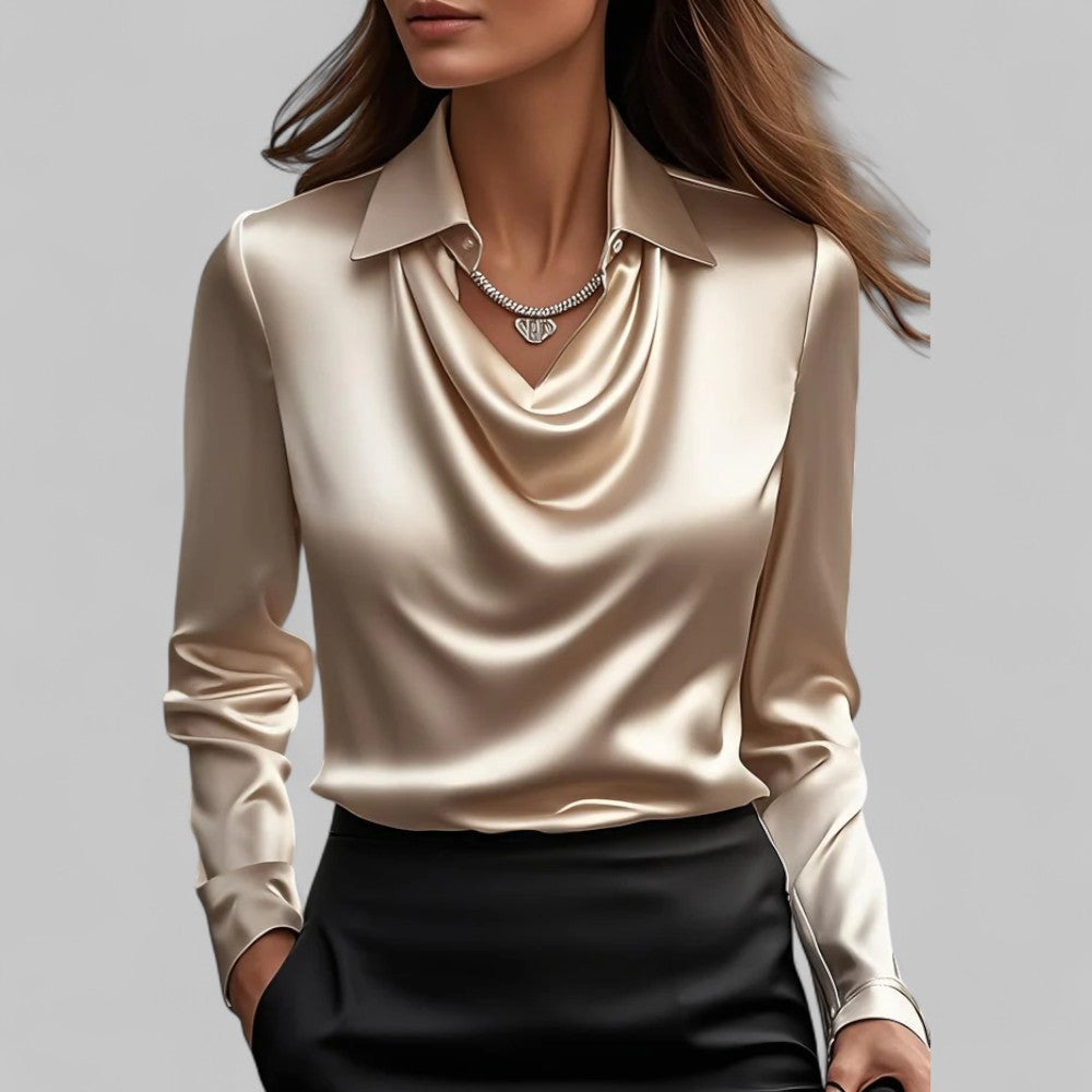 Blusa de Satén con Cuello Drapado y Manga Larga para Mujer Oficina Noche Elegante Seda Formal – Rosa
