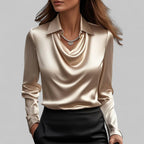 Blusa de Satén con Cuello Drapado y Manga Larga para Mujer Oficina Noche Elegante Seda Formal – Rosa