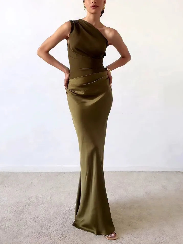 Vestido Largo de Satén Plisado de Una Sola Manga para Mujer Elegante Invitada de Boda Fiesta Noche – Anita