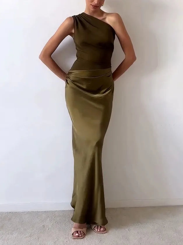 Vestido Largo de Satén Plisado de Una Sola Manga para Mujer Elegante Invitada de Boda Fiesta Noche – Anita