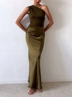 Vestido Largo de Satén Plisado de Una Sola Manga para Mujer Elegante Invitada de Boda Fiesta Noche – Anita