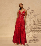 Conjunto de Traje de Baño de Una Pieza Floral con Corte y Falda Larga de V-Cuello para Vacaciones en la Playa, Fiesta en la Piscina, Verano Resort – Rojo