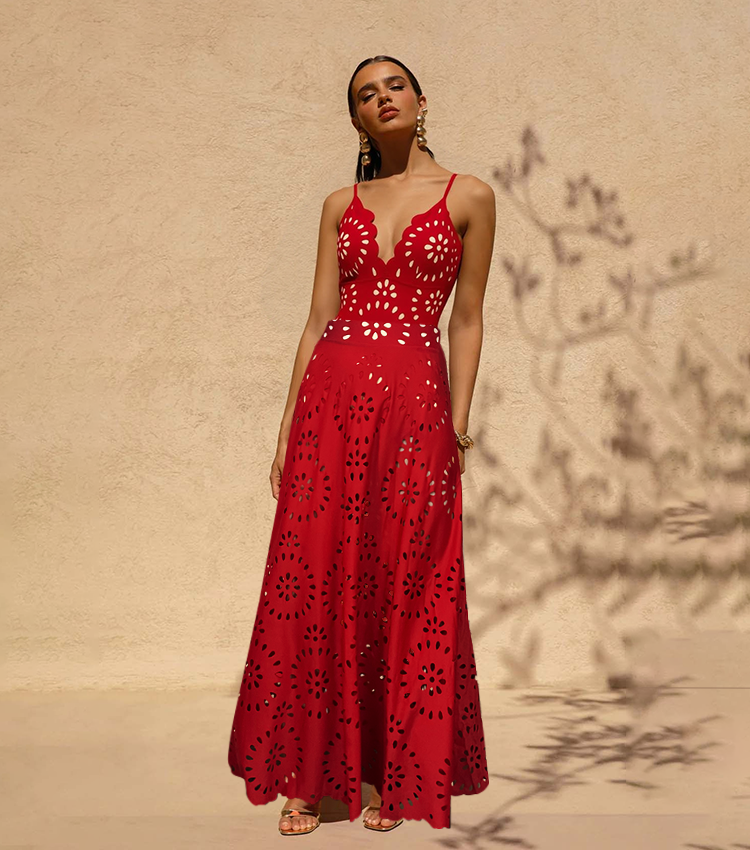 Conjunto de Traje de Baño de Una Pieza Floral con Corte y Falda Larga de V-Cuello para Vacaciones en la Playa, Fiesta en la Piscina, Verano Resort – Rojo