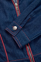 Mono de mezclilla retro suelto y casual para mujer, con solapa y costuras rojas, pierna ancha, manga y bolsillo – Azul