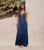 Bañador de Una Pieza con Corte Láser de Flores Huecas para Mujeres con Falda Cubierta, Escote en V, Elegante para la Playa, Verano – Azul Marino