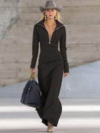 Vestido Largo Deportivo de Cuello en V con Cremallera para Mujer, Manga Larga, Ajustado, Casual, Formal, Fiesta, Vaquera, Elegante