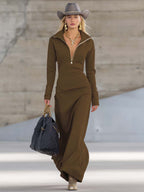 Vestido Largo Deportivo de Cuello en V con Cremallera para Mujer, Manga Larga, Ajustado, Casual, Formal, Fiesta, Vaquera, Elegante