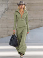 Vestido Largo Deportivo de Cuello en V con Cremallera para Mujer, Manga Larga, Ajustado, Casual, Formal, Fiesta, Vaquera, Elegante
