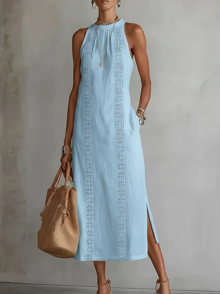 Vestido Midi de Lino Minimalista Retro para Mujer Sin Mangas Cuello Alto Detalle de Encaje Casual Verano Playa Vacaciones Diario – Celeste