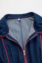 Mono de mezclilla retro suelto y casual para mujer, con solapa y costuras rojas, pierna ancha, manga y bolsillo – Azul