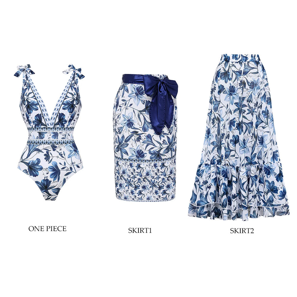 Conjunto de Traje de Baño de Una Pieza Con Escote En V, Cordones y Estampado Floral & Falda larga - Vacaciones En La Playa, Resort, Fiesta En La Piscina, Crucero, Luna de Miel – Azul
