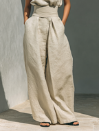 Conjunto de Dos Piezas de Lino y Algodón Minimalista para Mujer, Blusa Sin Mangas y Pantalones de Pierna Ancha, Casual Chic – Beige