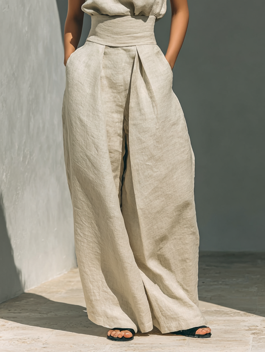 Conjunto de Dos Piezas de Lino y Algodón Minimalista para Mujer, Blusa Sin Mangas y Pantalones de Pierna Ancha, Casual Chic – Beige