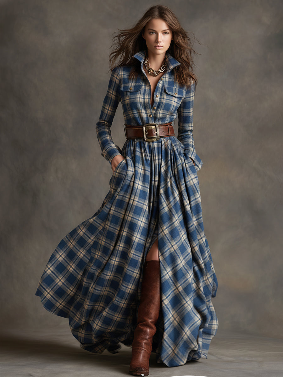 Vestido Largo de Vaquera Étnica Retro para Mujer con Cuello, Cinturón y Mangas Largas – Marrón Rojizo