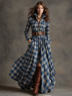 Vestido Largo de Vaquera Étnica Retro para Mujer con Cuello, Cinturón y Mangas Largas – Marrón Rojizo