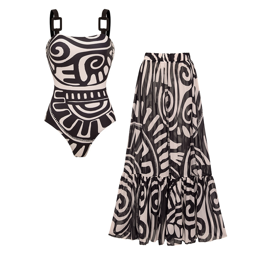 Conjunto de Traje de Baño de Una Pieza con Estampado Tribal para Mujeres y Falda Larga con Tirantes Ajustables para Vacaciones en la Playa, Fiesta en la Piscina, Verano en el Resort – Negro y Blanco