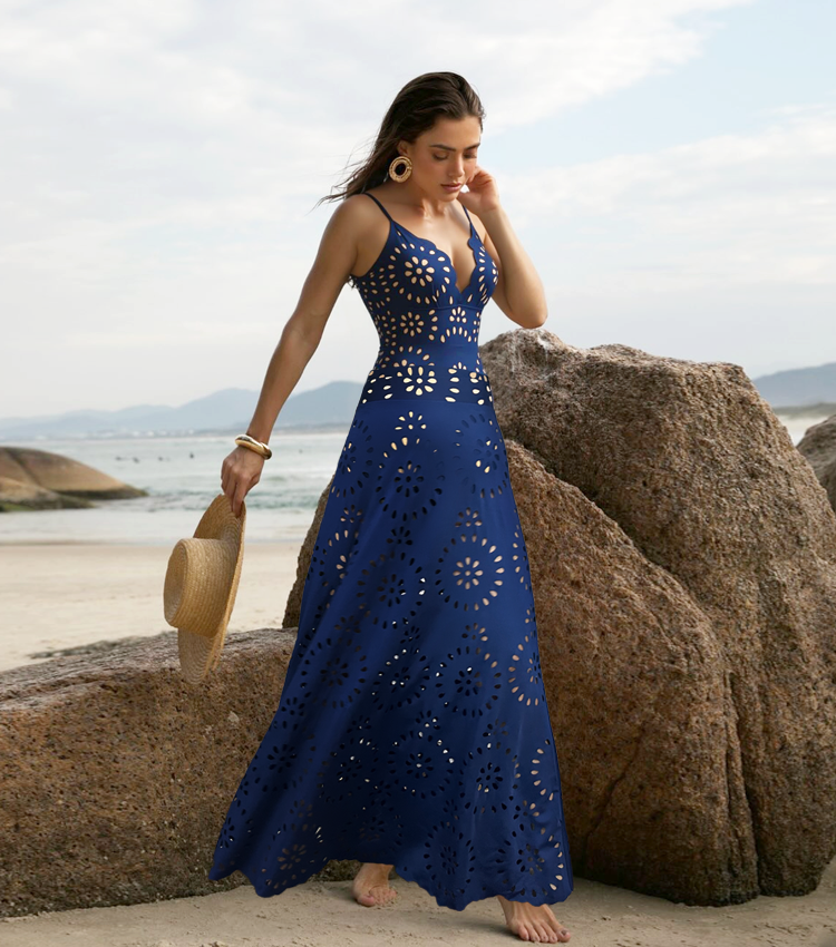 Bañador de Una Pieza con Corte Láser de Flores Huecas para Mujeres con Falda Cubierta, Escote en V, Elegante para la Playa, Verano – Azul Marino