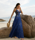 Bañador de Una Pieza con Corte Láser de Flores Huecas para Mujeres con Falda Cubierta, Escote en V, Elegante para la Playa, Verano – Azul Marino