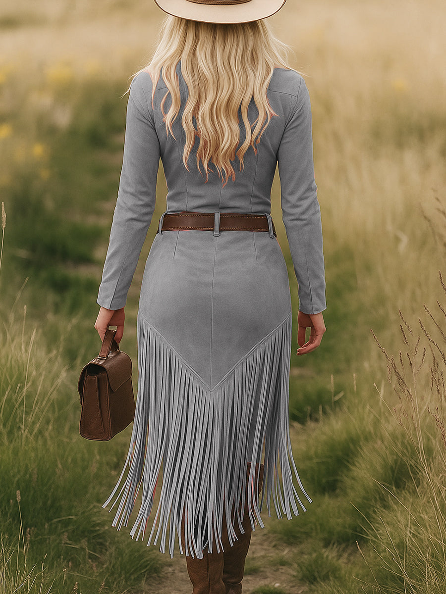 Vestido Midi de Suede Retro Western con Flecos y Borlas para Mujer, de Manga Larga, con Solapa, Cierre de Cremallera, Cinturón y Ajuste Slim – Marrón Claro