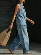 Conjunto de Denim Minimalista de Dos Piezas para Mujeres, Top Halter y Pantalones de Pierna Ancha, Ropa Casual de Calle para el Verano – Zaria