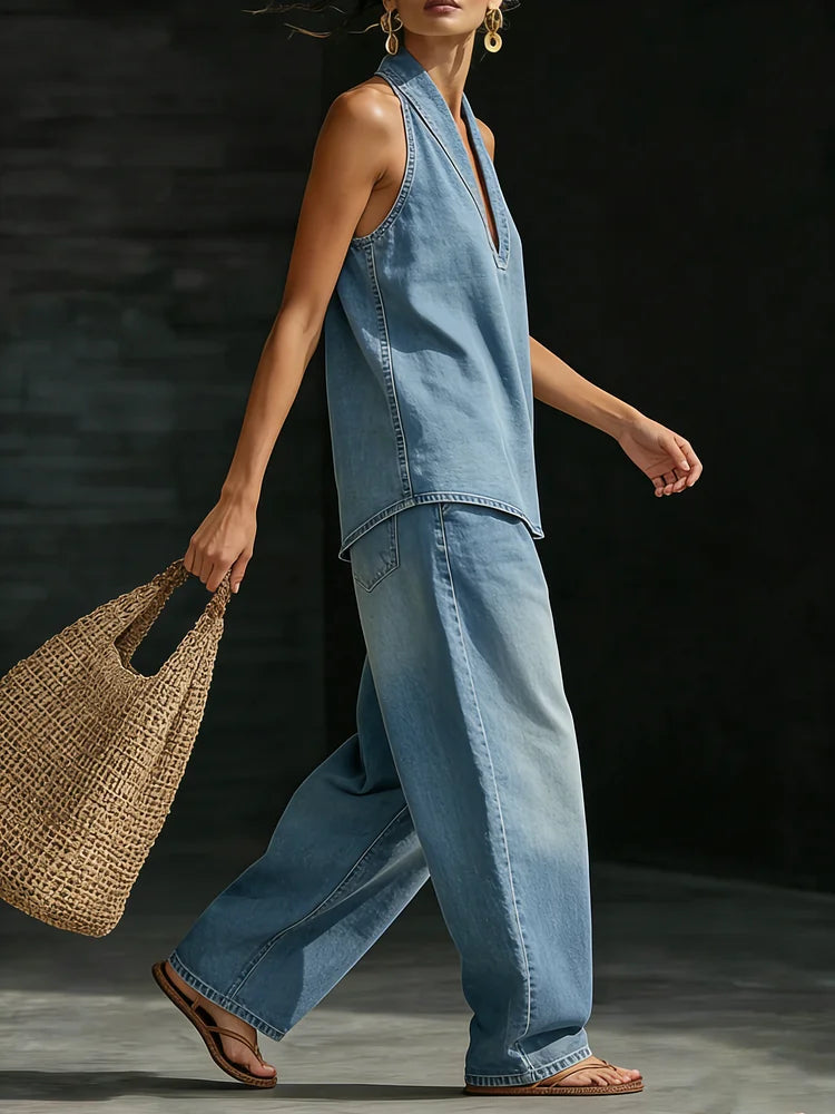 Conjunto de Denim Minimalista de Dos Piezas para Mujeres, Top Halter y Pantalones de Pierna Ancha, Ropa Casual de Calle para el Verano – Zaria