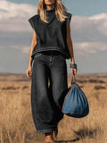 Conjunto de Top Sin Mangas con Cuello Alto y Pantalones Anchos de Cintura Alta para Mujer - Casual, Ropa de Calle, Verano – Índigo