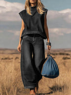 Conjunto de Top Sin Mangas con Cuello Alto y Pantalones Anchos de Cintura Alta para Mujer - Casual, Ropa de Calle, Verano – Índigo