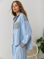 Conjunto de Pijama de Cuadros Elegante para Mujer Camisa de Manga Larga Pantalones de Pierna Ancha Ropa de Casa Suave y Casual – Sara
