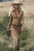 Vestido Midi Retro Western de Cowgirl para Mujer con Solapa, Cierre de Cremallera y Detalles de Borlas – Camel