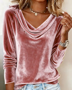 Top de Mujer de Terciopelo con Cuello Cowl de Manga Larga Casual Elegante para el Trabajo, Fiesta, Vacaciones y Ocasiones Festivas – Veloria