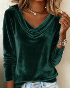 Top de Mujer de Terciopelo con Cuello Cowl de Manga Larga Casual Elegante para el Trabajo, Fiesta, Vacaciones y Ocasiones Festivas – Veloria