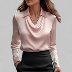 Blusa de Satén con Cuello Drapado y Manga Larga para Mujer Oficina Noche Elegante Seda Formal – Rosa