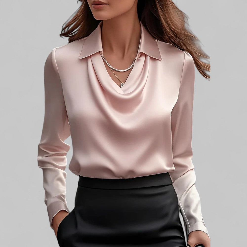 Blusa de Satén con Cuello Drapado y Manga Larga para Mujer Oficina Noche Elegante Seda Formal – Rosa