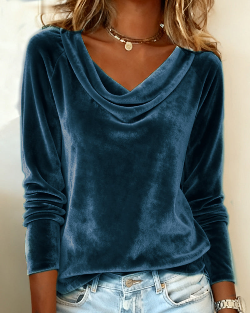 Top de Mujer de Terciopelo con Cuello Cowl de Manga Larga Casual Elegante para el Trabajo, Fiesta, Vacaciones y Ocasiones Festivas – Veloria