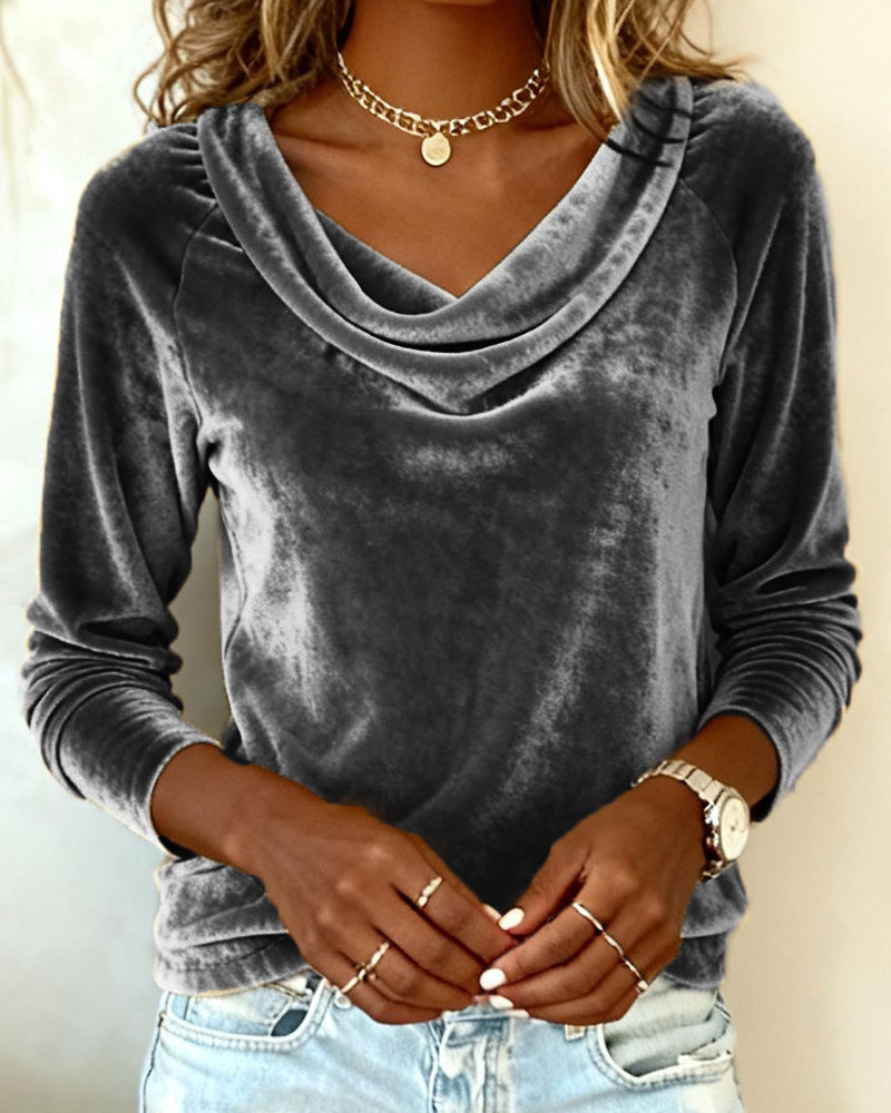 Top de Mujer de Terciopelo con Cuello Cowl de Manga Larga Casual Elegante para el Trabajo, Fiesta, Vacaciones y Ocasiones Festivas – Veloria